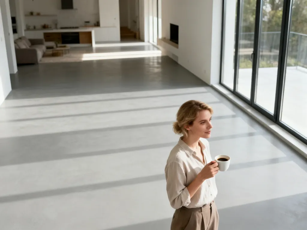Kobieta z kawą w minimalistycznym salonie z gładką, jasnoszarą podłogą z mikrocementu w nowoczesnym lofcie.