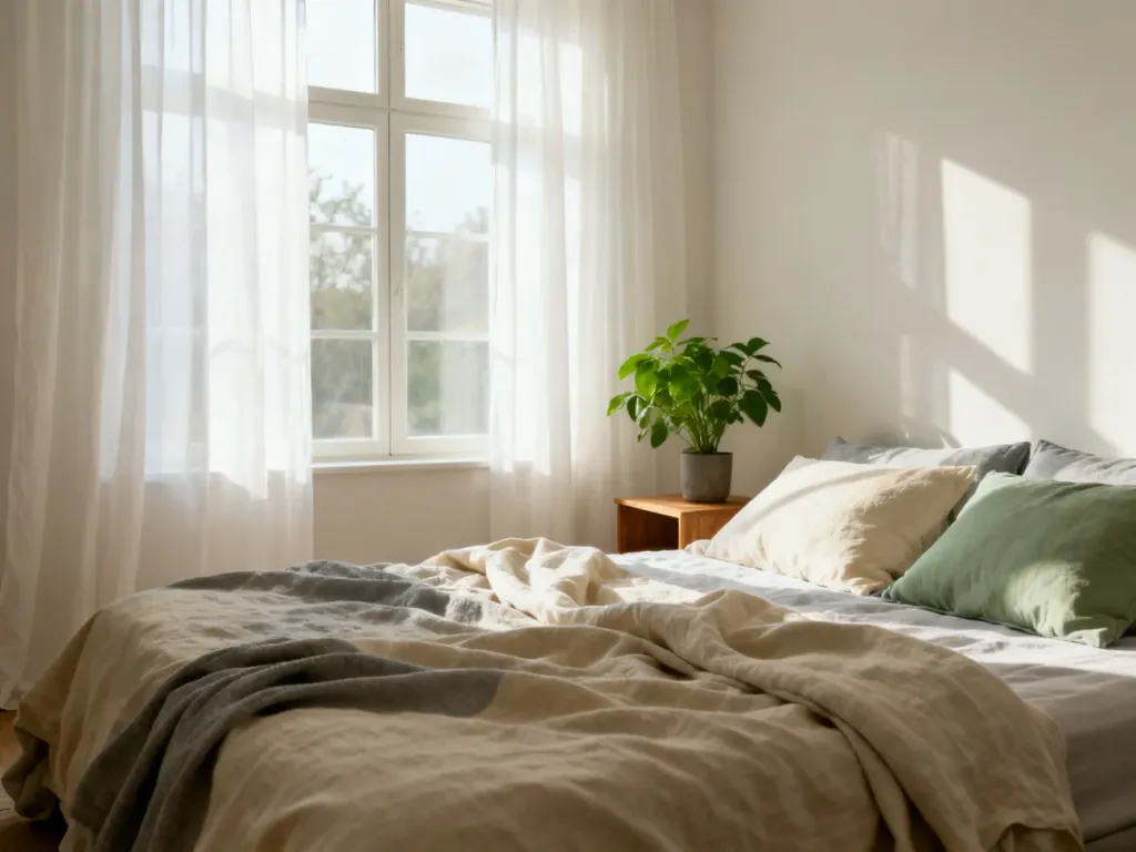 Minimalistyczna sypialnia w neutralnych barwach z pościelą z lnu, zapewniająca atmosferę spokoju i relaksu.
