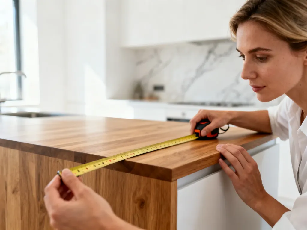 Projektantka wnętrz mierzy wysokość nowoczesnego blatu kuchennego za pomocą miarki, dbając o ergonomię w kuchni.