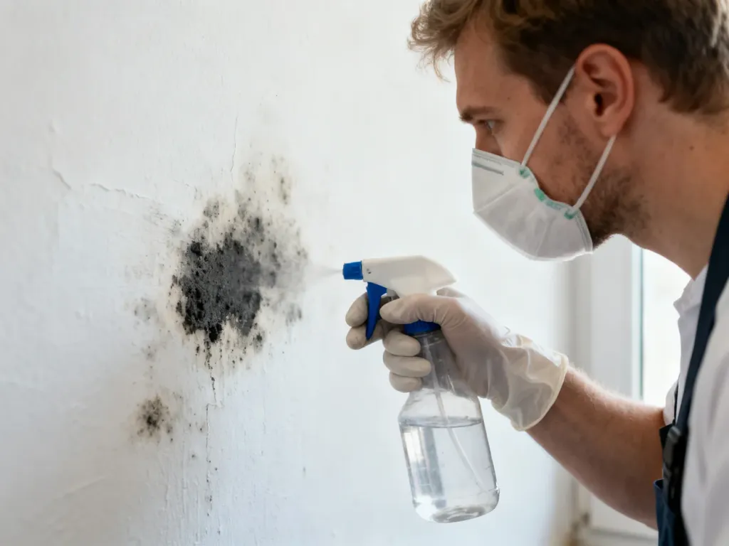 Osoba w rękawicach ochronnych i masce usuwa pleśń ze ściany przy użyciu środka w sprayu.