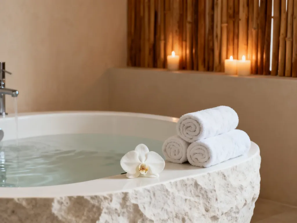 Minimalistyczna łazienka w stylu spa z kamienną wanną, storczykiem i ciepłym oświetleniem, tworząca atmosferę relaksu.