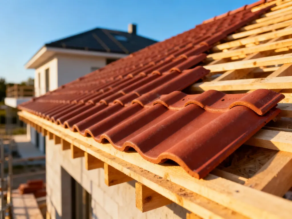 Zbliżenie na czerwoną dachówkę ceramiczną ułożoną na drewnianej konstrukcji dachu w słoneczny dzień.