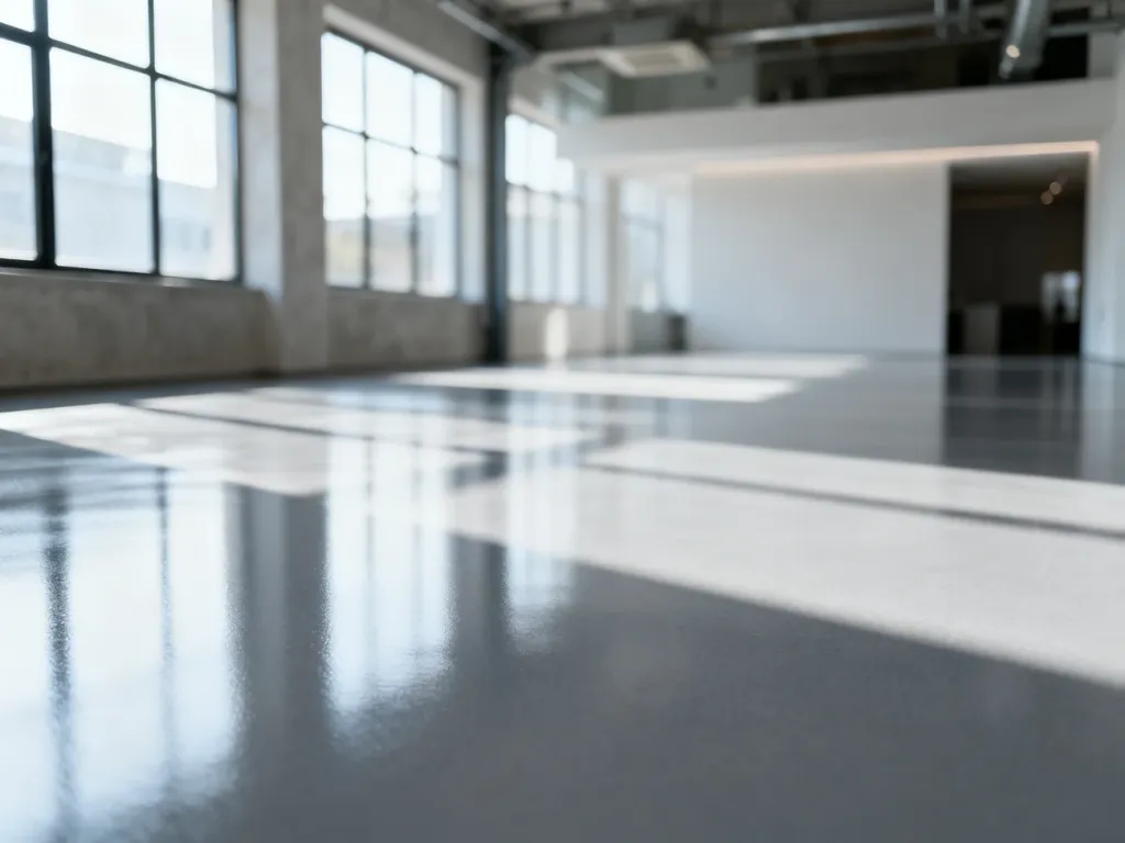 Nowoczesna, szara posadzka żywiczna o wysokim połysku w minimalistycznym wnętrzu typu loft.