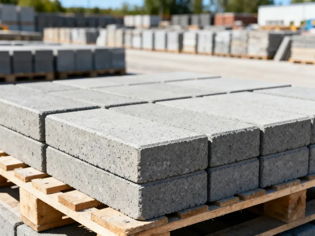 Szare kostki brukowe ułożone na palecie, prezentujące fakturę materiału dostępnego w ofercie marketu budowlanego.