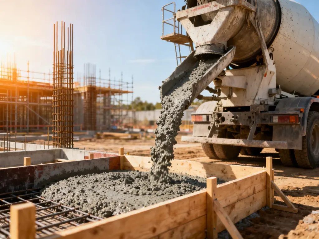 Betoniarka wylewa świeży beton do drewnianego szalunku na placu budowy w słoneczne popołudnie.